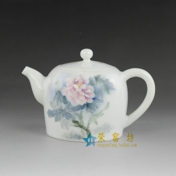 14No02 手绘粉彩富贵花开图手柄茶壶 精品茶具