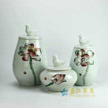 RYZW04 粉彩荷花图雕塑小鸟盖罐 瓷罐套组 储物罐