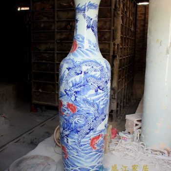 RYFJ09_景德镇陶瓷 手绘青花釉里红 龙纹落地大花瓶