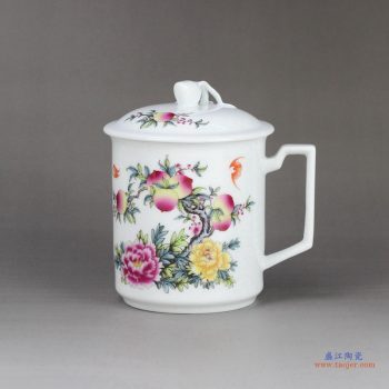 RZIC01-D   1300度高温白玉瓷 景德镇 粉彩寿桃牡丹 办公茶杯 水杯（大号600毫升）