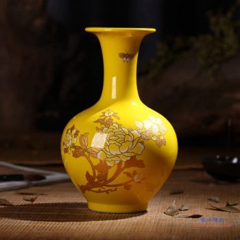RZIF01-C26-E  景德镇 高温颜色釉 帝王黄釉 釉上彩 金牡丹   鱼尾瓶 花瓶
