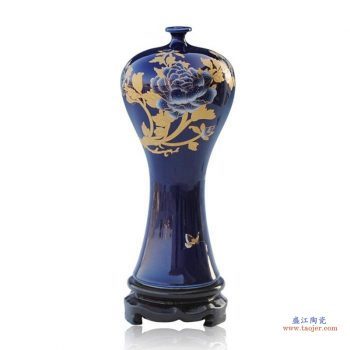 RZIF02-C  景德镇高温颜色釉 祭蓝 釉上彩 金牡丹 梅瓶 花瓶