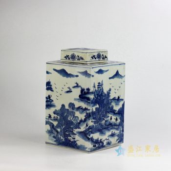 RYUK15-C    景德镇  青花手绘 山水四方罐储物罐  茶叶罐   厂家直销