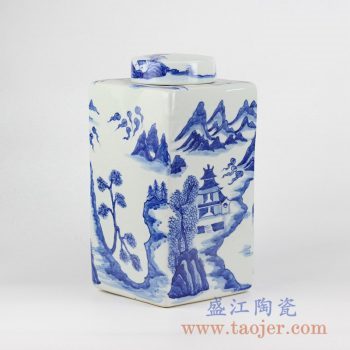 RYNQ214_青花山水四边形方罐茶叶罐储物罐陶瓷密封罐
