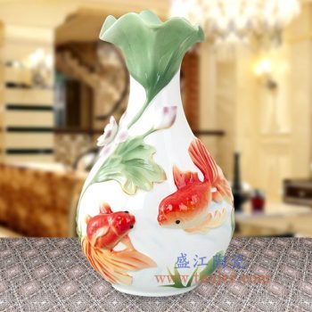 RZMF01-景德镇陶瓷 珐琅瓷 3D荷花鱼荷塘月色 花口花插花瓶 欧式摆件品