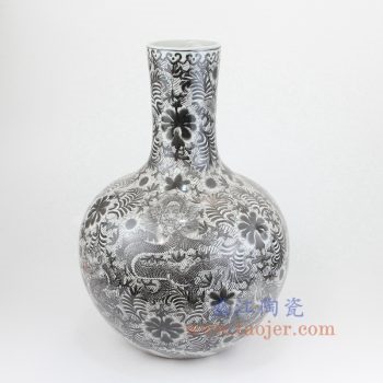 RZIS10-A 景德镇陶瓷 全手工 墨彩 龙纹 天球瓶 花插花瓶
