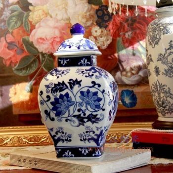 RYPU47-景德镇陶瓷 中式青花花纹带盖将军罐储物收纳密封罐瓷罐摆件