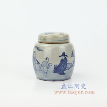 RZIQ17 景德镇陶瓷 仿古做旧青花瓷 人物陶瓷茶叶罐盖罐储物罐