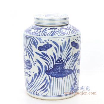 RZPI23 景德镇陶瓷 陶瓷青花荷叶手绘茶叶罐