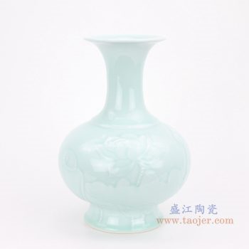 RZCK02-颜色釉豆青影青雕刻荷花赏瓶