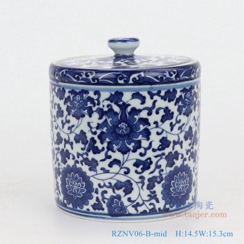 RZNV06-B-mid-青花缠枝莲纹带盖圆直筒茶叶罐子号