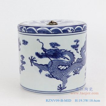 RZNV09-B-MID-青花云龙纹带双龙戏珠盖子圆直筒茶叶罐子