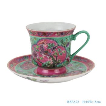 RZFA22-粉彩绿色底开光开窗凤凰牡丹纹镀金咖啡杯子碟子一套