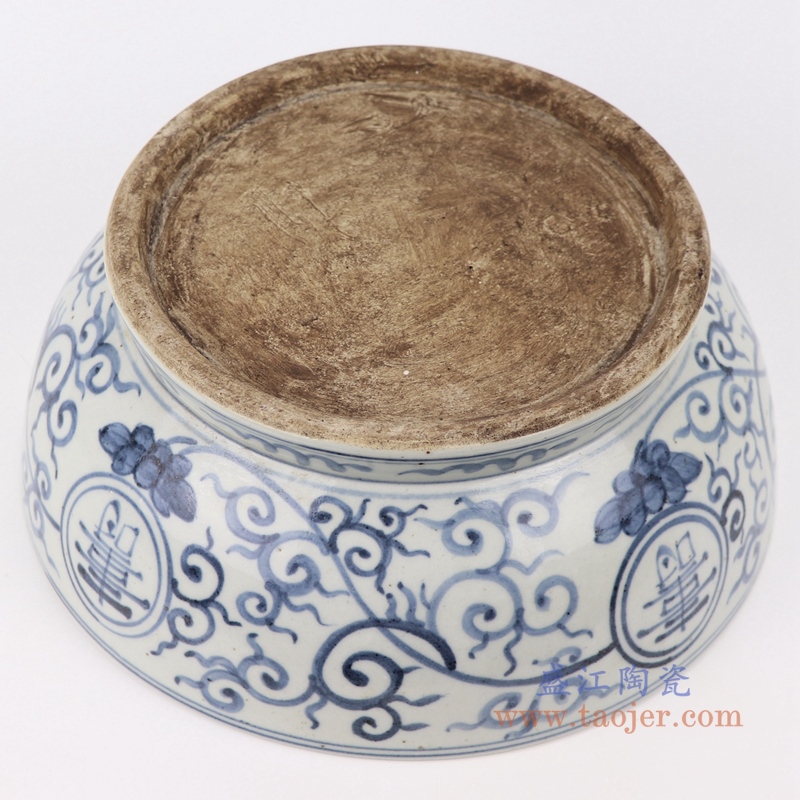   手绘青花点工缠枝莲纹寿图茶陶瓷碗