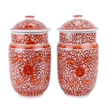 RZIH18-B 矾红缠枝莲花卉纹直筒盖罐一对