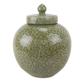 RZTL03颜色釉开片嫩绿雕刻缠枝寿字纹盖罐