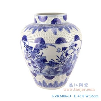 RZKM06-D   青花开窗花鸟雕刻白圆点罐子花瓶      高：43.8直径：36口径：底径：20.2重量：11.7KG