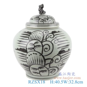 RZSX18    仿古墨彩黑色手绘椰子树海草纹狗头罐盖罐     高：40.5直径：32.8口径：底径：19.3重量：6.2KG