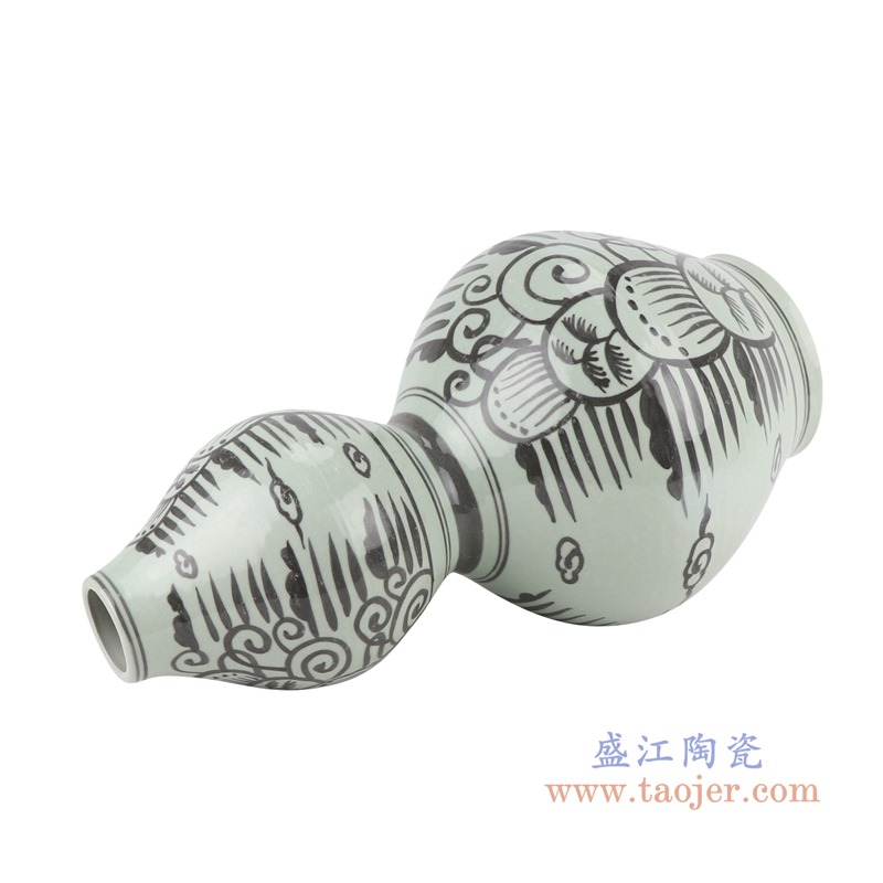 仿古墨彩黑色手绘椰子树海草纹葫芦瓶;产品编号：RZSX25-B       产品尺寸(单位cm):  高：49直径：26.5口径：底径：15重量：5.6KG