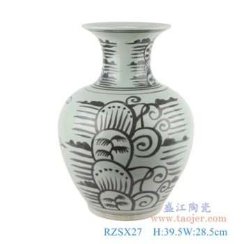 RZSX27   仿古墨彩黑色手绘椰子树海草纹花瓶    高：39.5直径：28.5口径：底径：16.3重量：6.55KG
