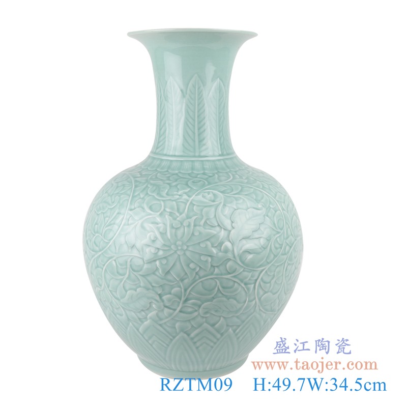 颜色釉影青雕刻缠枝莲赏瓶;产品编号：RZTM09       产品尺寸(单位cm):  高：49.7直径：34.5口径：底径：17.5重量：7KG