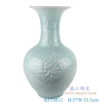 RZTM12   颜色釉影青雕刻荷花赏瓶     高：57直径：33.5口径：底径：19.5重量：8.3KG