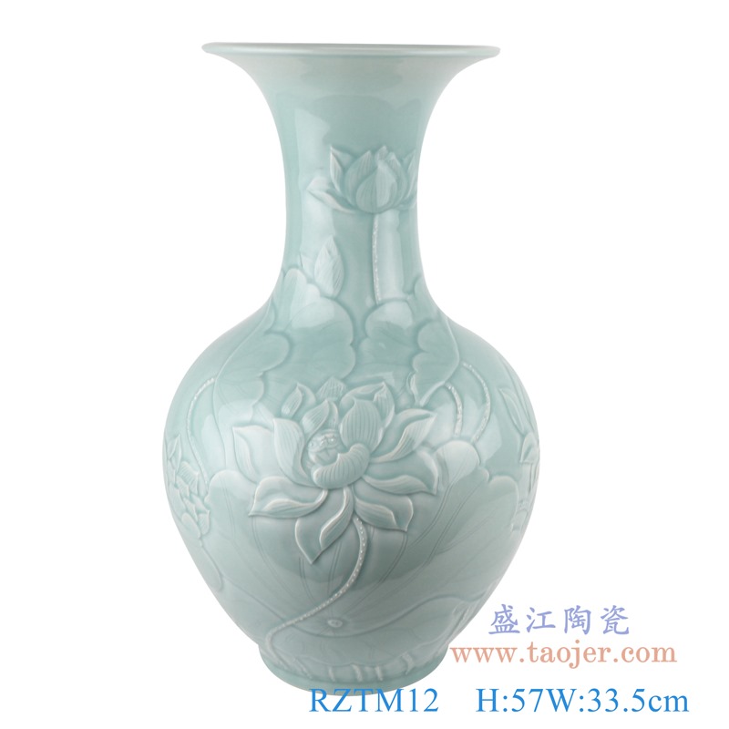 颜色釉影青雕刻荷花赏瓶;产品编号：RZTM12       产品尺寸(单位cm):  高：57直径：33.5口径：底径：19.5重量：8.3KG