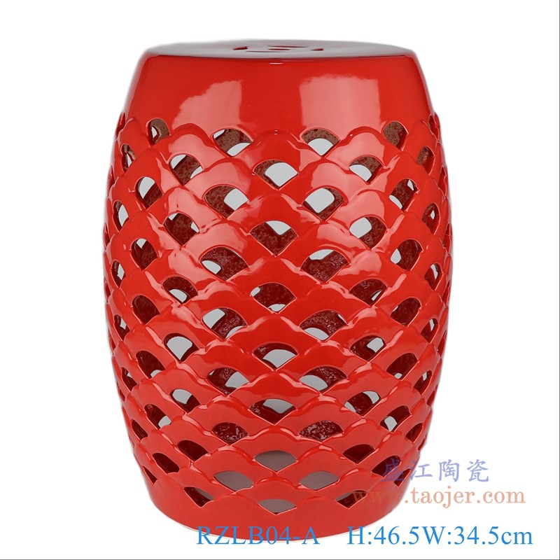 颜色釉红色镂空鼓凳凉墩;产品编号：RZLB04-A       产品尺寸(单位cm):  高：46.5直径：34.5口径：底径：26重量：6KG