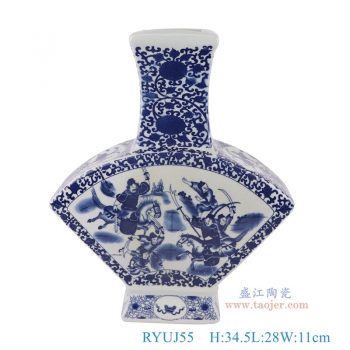 RYUJ55   青花缠枝莲开窗人物战将四面扇形瓶，  高34.5直径28口径底径11.7重量3KG