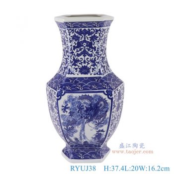 RYUJ38   青花缠枝莲开窗龙纹六面花瓶，  高37.4直径20口径底径13.5重量2.75KG
