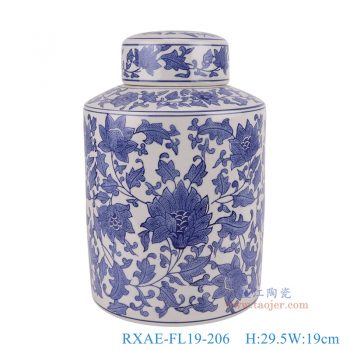 RXAE-FL19-206    青花缠枝莲直筒茶叶罐，    高29.5直径19口径底径重量2.45KG