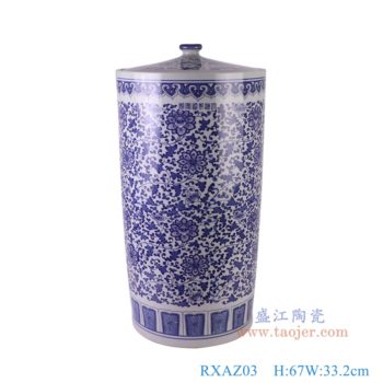 RXAZ03   青花缠枝莲米缸直筒大号茶叶罐，    高67直径33.2口径底径重量21KG