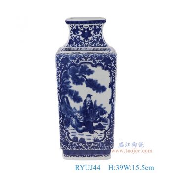 RYUJ44   青花缠枝莲开窗人物四方花瓶，   高39直径15.5口径1.6底径14.3重量3.45KG