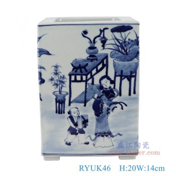 RYUK46    青花仕女孩童人物四方罐，   高20直径14口径13底径重量2.1KG