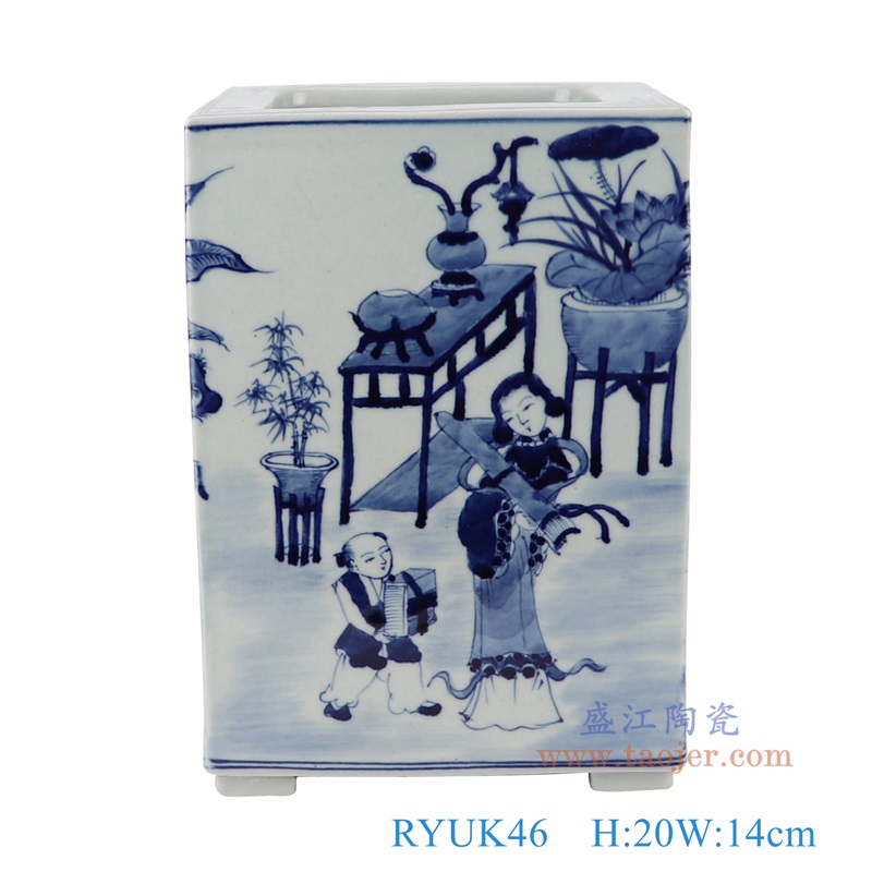 青花仕女孩童人物四方罐，产品编号：RYUK46       产品尺寸(单位cm):  高20直径14口径13底径重量2.1KG