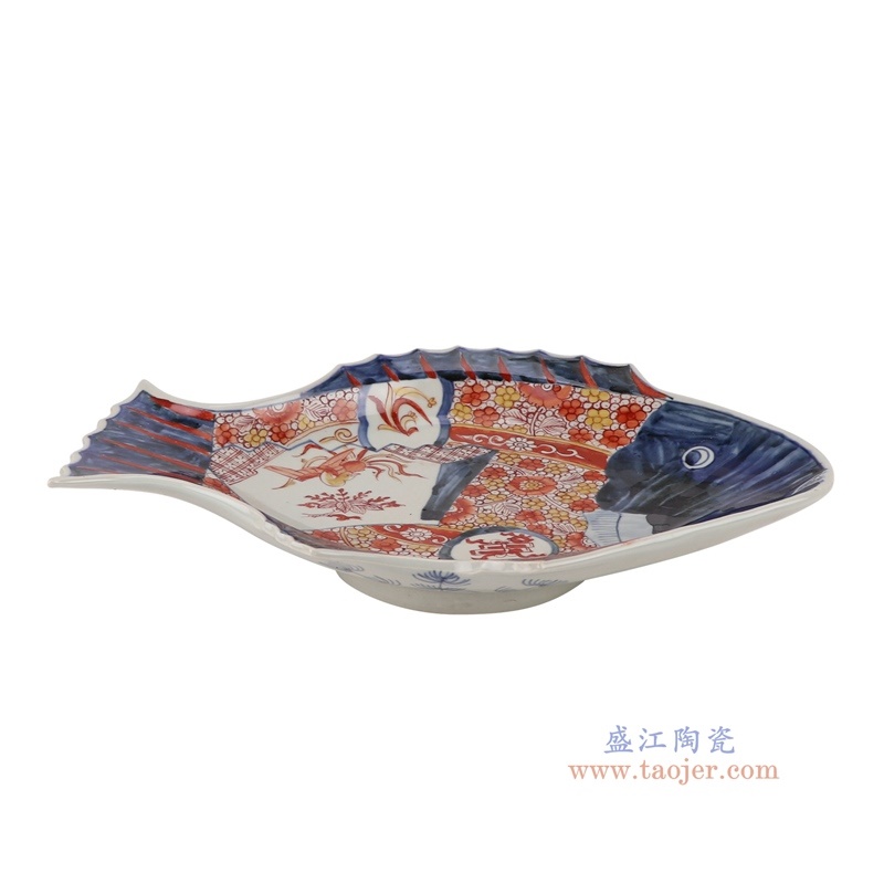 青花矾红锦地凤凰鱼形盘，产品编号：RZQF22       产品尺寸(单位cm):  高6.2直径40.5口径底径14.8重量1.85KG