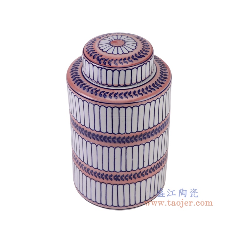 青花蓝红相间竖纹直筒茶叶罐大号，产品编号：RZTo53-B-L       产品尺寸(单位cm):  高25.5直径15.3口径底径重量1.5KG