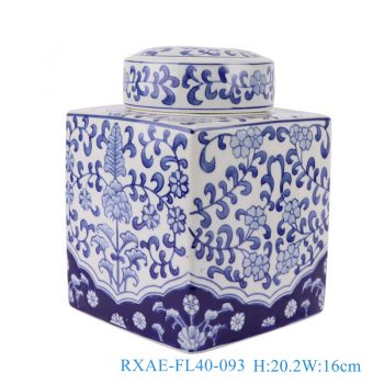 RXAE-FL40-093    青花缠枝莲四方茶叶罐，    高20.2直径16口径21底径重量2KG