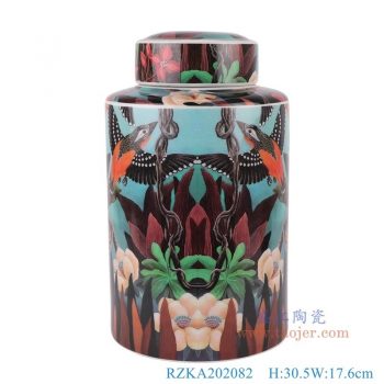RZKA202082   彩绘花鸟直筒茶叶罐，   高30.5直径17.6口径9.2底径重量2.1KG