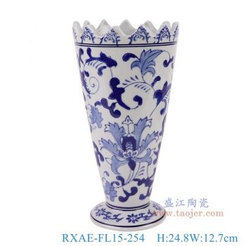 RXAE-FL15-254     青花缠枝莲齿口直筒花瓶     高24.8直径12.7口径21.1底径9.9重量0.4KG