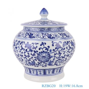 RZBG20    青花缠枝莲茶叶罐，    高19直径16.8口径28底径11.4重量1.25KG