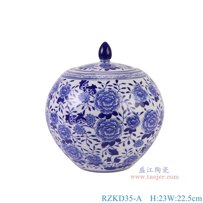 RZKD35-A手绘青花牡丹西瓜罐正面图
